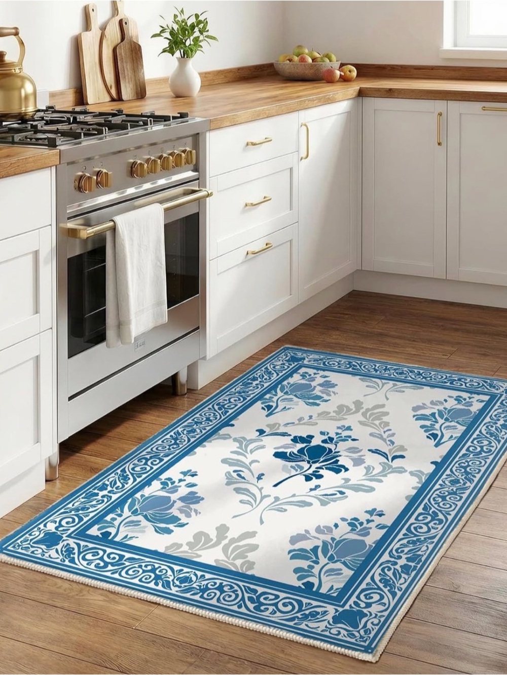 Blue Floral Kitchen Rug - Decorative Non-Slip Accent Rug 3 x 5